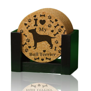 "I love my Bull Terrier" premium coaster set. Add a rustic or urban design Coaster Holder.