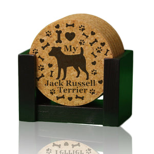 "I love my Jack Russell Terrier" premium coaster set. Add a rustic or urban design Coaster Holder.