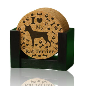 "I love my Rat Terrier" premium coaster set. Add a rustic or urban design Coaster Holder.